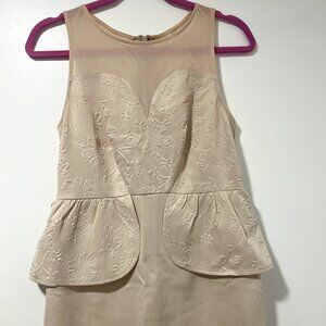Wow Couture Beige Peplum Boydcon dress Embossed floral detail